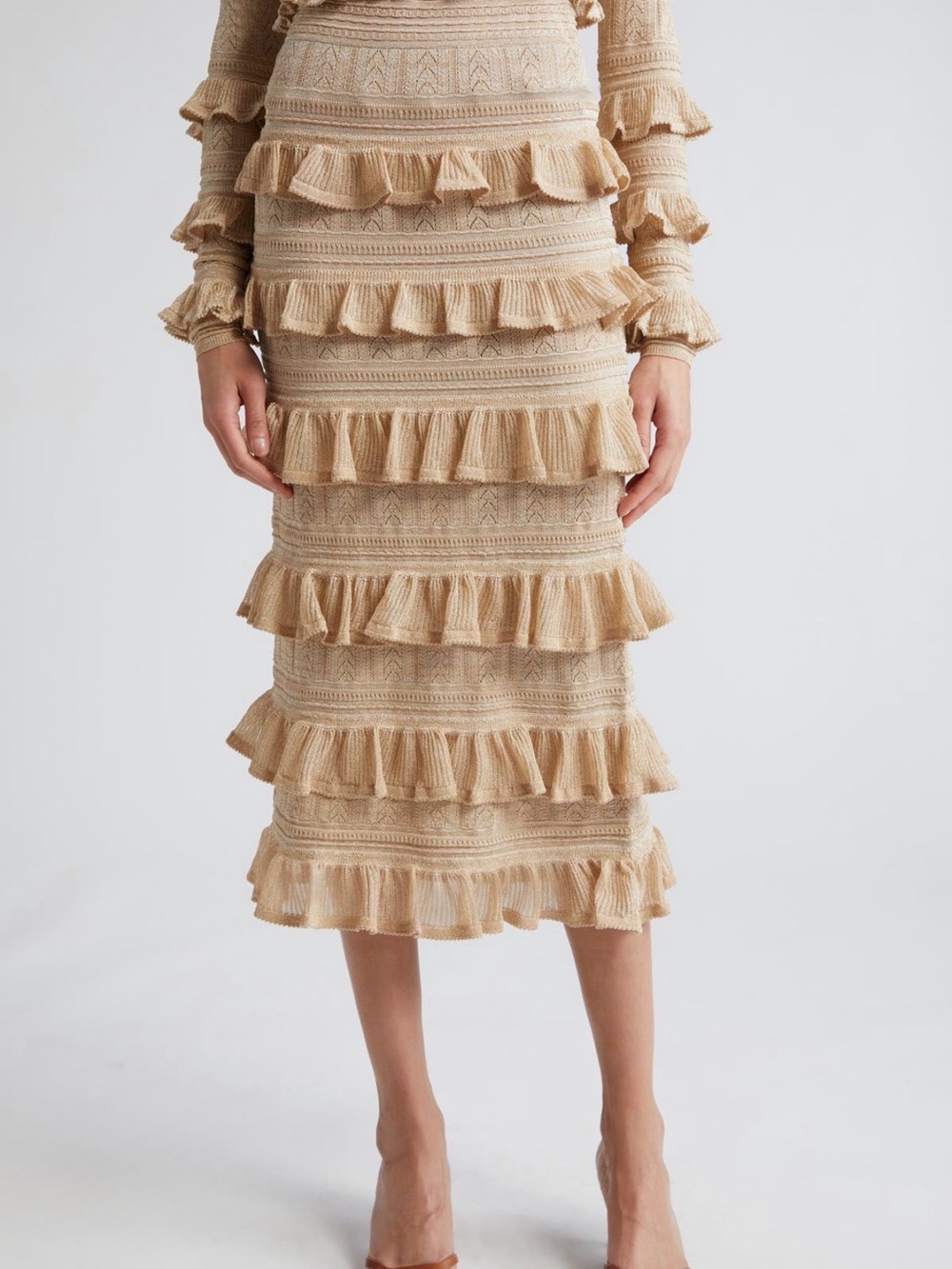 Zimmermann Gold Metallic Pointelle Ruffle Knit Skirt NWT - Size 1 (US 6/M)